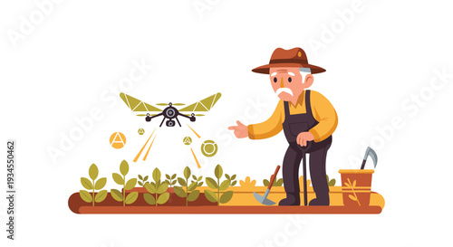 A flat design illustration shows an elderly farmer with a shovel observing a modern agricultural drone spraying his crops in a field.