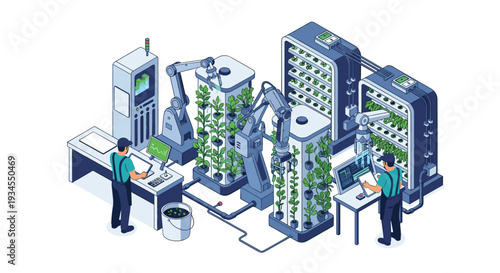 An isometric illustration of a modern vertical farm shows workers and robotic arms managing hydroponic plants in a futuristic automated system.