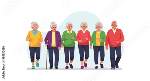 Active & Happy Senior Citizens Walking Group Illustration. Diverse Elderly People Enjoying a Healthy Lifestyle and Friendship.