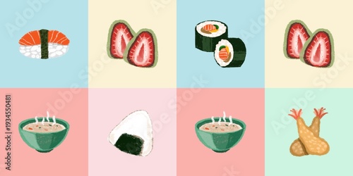 Εκτύπωση καμβά A seamless pattern of sushi (Japanese food) icons, suitable for wall art, gift wrapping paper, and hand-drawn illustrations on a transparent background