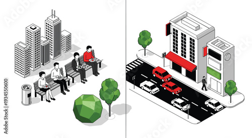 A split-panel pixel art illustration contrasts a monochrome view of people on a park bench with a colorful isometric view of a busy city street.