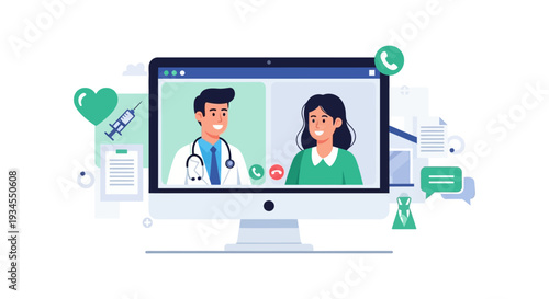 Online Doctor Consultation with Patient via Video Call on Computer. Telemedicine, Virtual Healthcare, Digital Medical Service and Remote Health Advice.