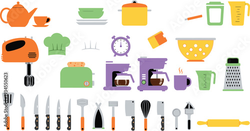 Kitchen Utensils and Appliances Collection with Knives, Coffee Maker, Blender, Toaster, Cookware and Baking Tools Flat Cartoon Vector Set