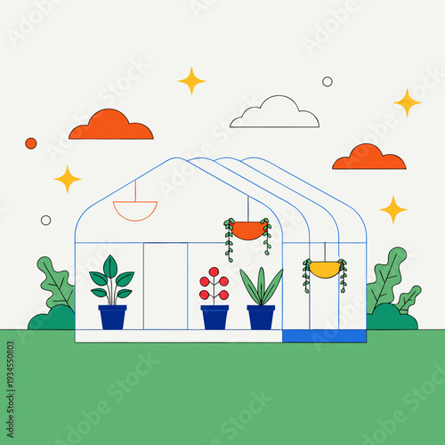 A cartoon greenhouse with plants and clouds