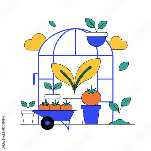 A cartoon greenhouse with plants and a wheelbarrow
