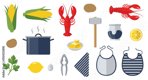 A complete collection of food and tool icons for a traditional lobster boil, featuring lobsters, corn, potatoes, a pot, and utensils, isolated on a white background.