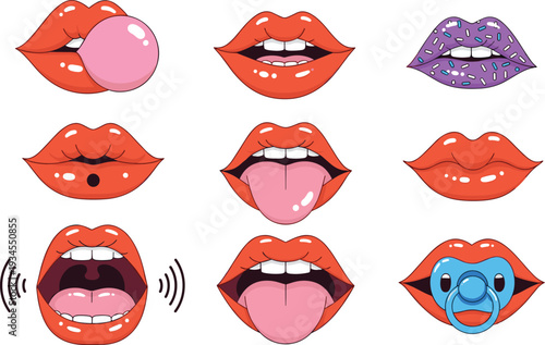 Konstfotografi Pop Art Female Lips Collection with Bubble Gum, Glitter, Piercing, Tongue Out an