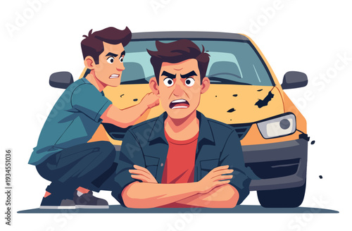 macchina automobile rotta con uomo arrabbiato per incidente  stradale  vettoriale
