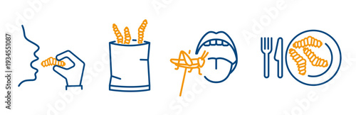 food insects icons, set icon of mealworms, fried bamboo caterpillars, eating grasshopper, alternative proteins food, outline vector with editable stroke