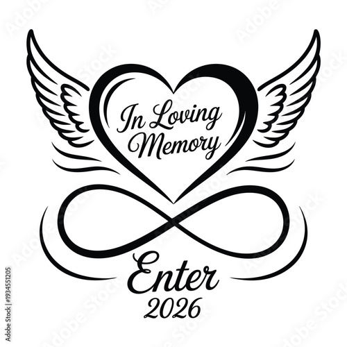 A black heart with wings and an infinity symbol displaying memorial text
