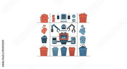 A set of detailed icons illustrating the process of waste sorting and recycling, including trash cans, robotic arms, and a central processing unit on a conveyor system.