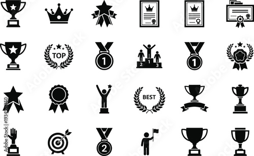 Award and trophy icon set with medals crowns certificates and laurel wreaths, achievement symbols vector illustration collection isolated on white background