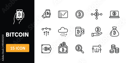 bitcoin and cryptocurrency icon set with blockchain symbols, digital currency and finance vector icons, modern cryptocurrency payment ui icons for web and mobile apps.