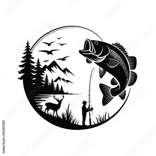 A stylized scene depicts fishing wildlife and a mountainous landscape