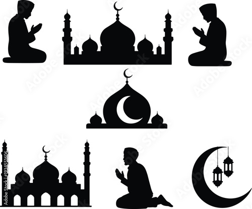 Ramadan Islamic prayer silhouettes set, Muslim man praying with mosque crescent moon symbols, Eid Mubarak vector illustration