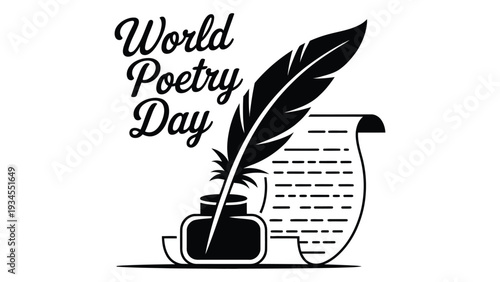 World Poetry Day black and white illustration with feather quill ink pot and parchment scroll for literary celebration design