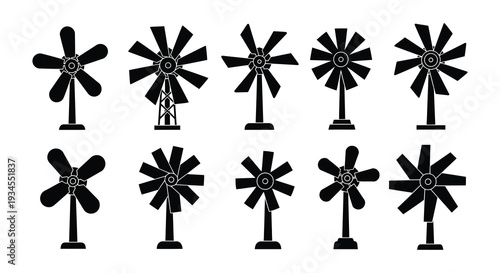 Eight black silhouettes of traditional windmills arranged in a grid pattern