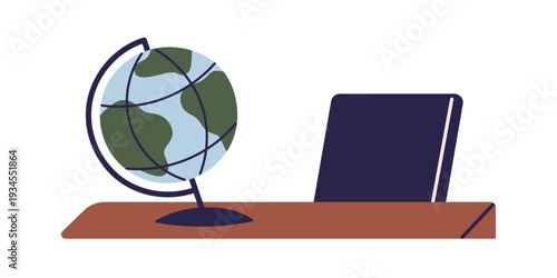 Educational desk scene with globe and book, study environment showcasing learning tools and classroom elements isolated on white background flat vector illustration.