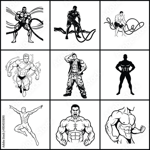 Gym and Fitness Equipment Vector Illustrations,Vintage Bodybuilding Emblems with Barbell Kettlebell and Squat Rack, Black and White Fitness Graphics for Gym Apparel