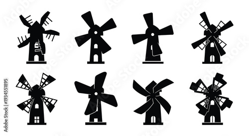 Eight black silhouettes of traditional windmills arranged in a grid pattern