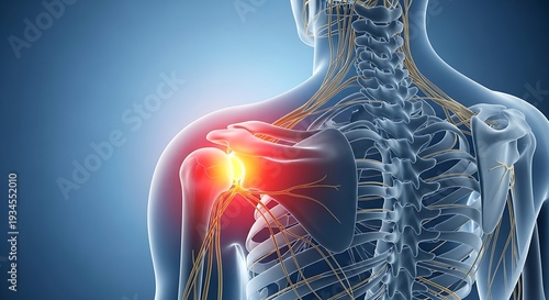 Detailed 3d illustration of a human shoulder with highlighted pain and skeletal structure.