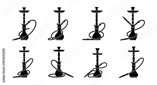 Collection of black silhouette hookah pipes in various styles and positions