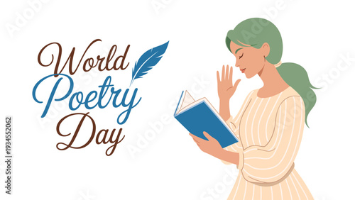 World Poetry Day illustration of woman reading book with feather pen creative literary celebration design for education campaign