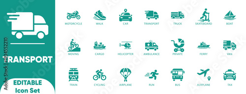 Transport editable Icon Set. car, motorcycle transportation, scooter, walk, bus,boat, taxi, and solid icons.