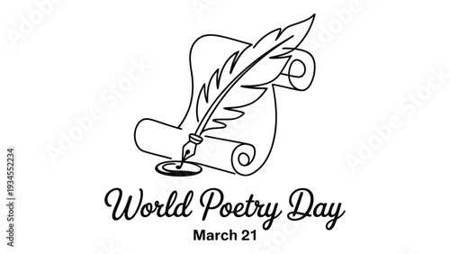 World Poetry Day March 21 elegant line art illustration with feather quill and scroll for literary celebration poster design