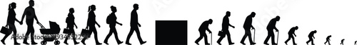 Black silhouette illustration depicting stages of human life from infancy to adulthood and elderly, symbolizing aging, family, development, and passage of time concept design.