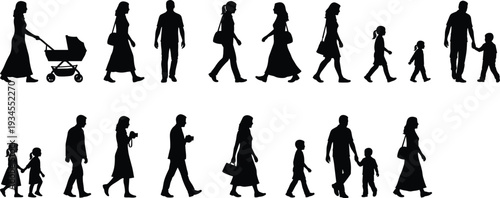 Black silhouette collection of adults and children in everyday poses including walking, holding hands, and stroller, representing family, relationships, lifestyle, and human activity design.
