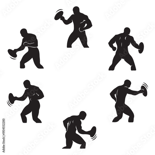 Boxer Training Silhouettes Set with Speed Bag and Punching Actions, Combat Sports Training Vector Icons of Athlete Striking and Boxing
