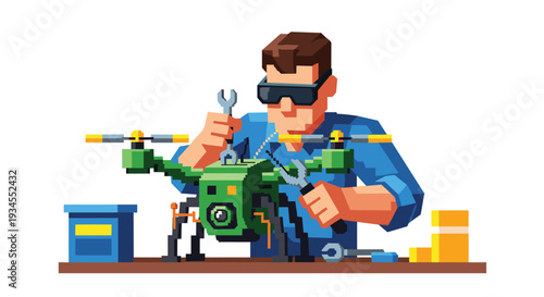 A pixel art illustration shows a technician wearing safety glasses using a wrench to repair a green quadcopter drone on a workbench.