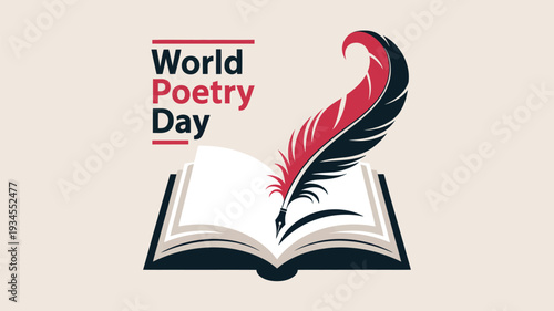 World Poetry Day illustration with open book and feather quill pen creative typography design for literary celebration campaign