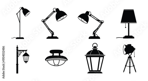 Silhouette collection of various lighting fixtures in black and white