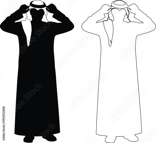 Illustration of a person adjusting a long traditional robe with a head covering
