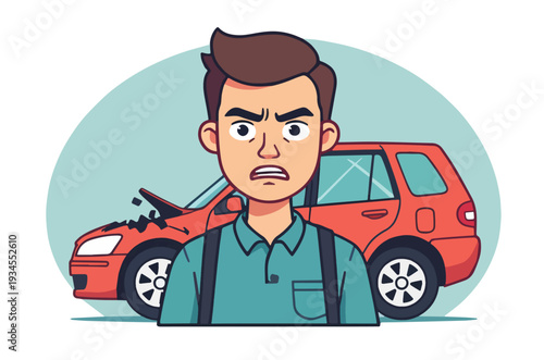 macchina automobile rotta con uomo arrabbiato per incidente  stradale  vettoriale