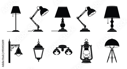 Silhouette collection of various lighting fixtures in black and white