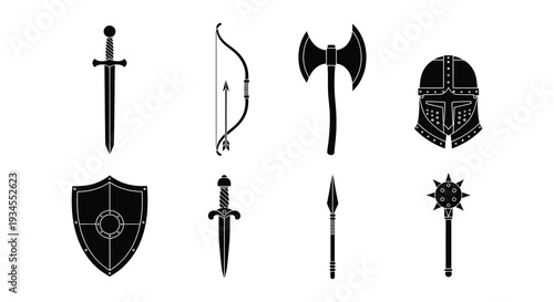 Collection of medieval weaponry and armor in a black silhouette style