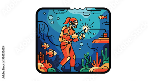 A pixel art illustration depicts a female diver in an orange suit performing underwater welding on a metal structure surrounded by fish.