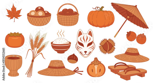 A collection of pixel art icons represents the Japanese autumn harvest, including food, a kitsune mask, and traditional clothing items.