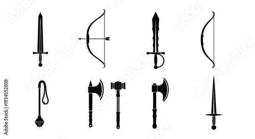 Collection of medieval weaponry and armor in a black silhouette style
