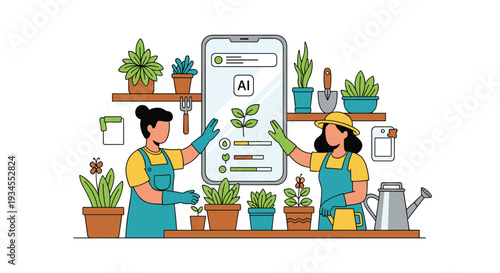 An illustration shows two gardeners using a large smartphone with an AI application to analyze and care for various potted plants arranged on shelves.