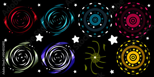 Colorful spiral patterns arranged against a dark starry background