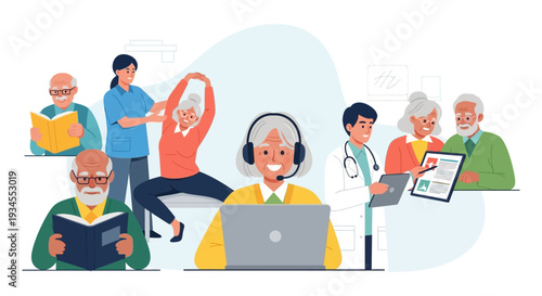 Active Aging & Senior Care Services Illustration: Elderly Enjoying Reading, Fitness, Online Learning, and Medical Support