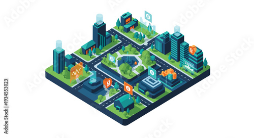 An isometric vector illustration of a modern smart city with interconnected buildings, green spaces, and futuristic holographic data displays.