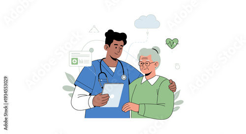 Modern Geriatric Care: Nurse Assisting Elderly Woman with Digital Health Records and Consultation via Tablet