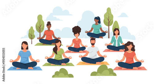 Diverse Group Practicing Yoga and Meditation Outdoors in Park for Wellness and Mindfulness