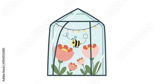 A charming illustration of a happy bee flying among pink tulips under a string of lights, all enclosed within a glass greenhouse.