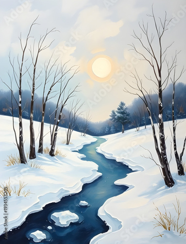 winter, landscape, snow, trees, pine, forest, oilpainting, painting, artwork, art, canvas, texture, brushstroke, nature, scenery, scenic, cold, frosty, icy, white, blue, sky, clouds, snowfall, serene,